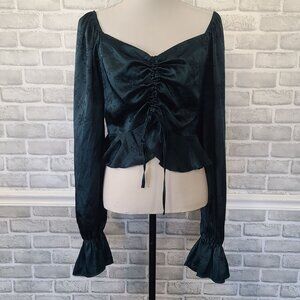 Teal Floral Satin Long Puff Sleeve Satin Blouse Peplum Romantic Whimseygoth